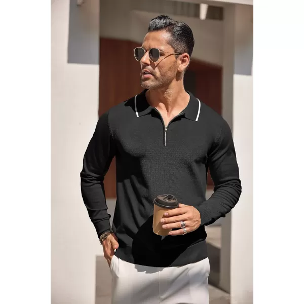 COOFANDY Men's Knit Polo Shirt Long Sleeve Quarter Zip Polo Sweater Casual Golf Shirts Vintage Striped Collar Polo