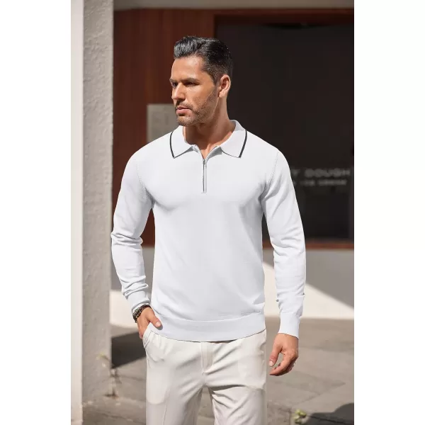 COOFANDY Men's Knit Polo Shirt Long Sleeve Quarter Zip Polo Sweater Casual Golf Shirts Vintage Striped Collar Polo