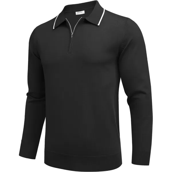 COOFANDY Men's Knit Polo Shirt Long Sleeve Quarter Zip Polo Sweater Casual Golf Shirts Vintage Striped Collar Polo