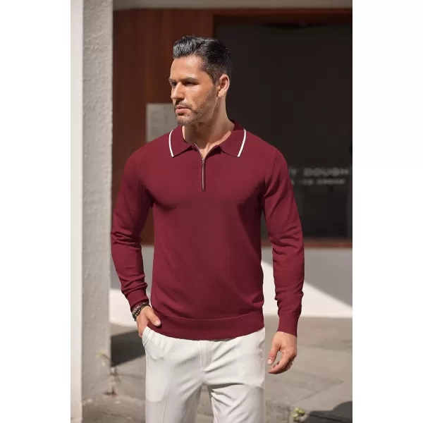 COOFANDY Men's Knit Polo Shirt Long Sleeve Quarter Zip Polo Sweater Casual Golf Shirts Vintage Striped Collar Polo