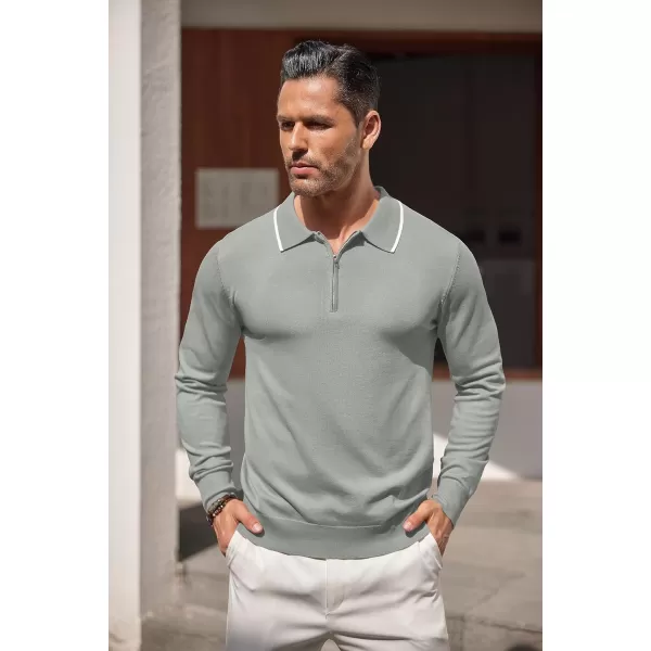 COOFANDY Men's Knit Polo Shirt Long Sleeve Quarter Zip Polo Sweater Casual Golf Shirts Vintage Striped Collar Polo