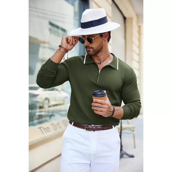 COOFANDY Men's Knit Polo Shirt Long Sleeve Quarter Zip Polo Sweater Casual Golf Shirts Vintage Striped Collar Polo