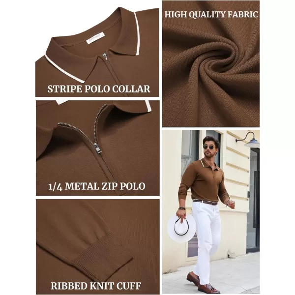 COOFANDY Men's Knit Polo Shirt Long Sleeve Quarter Zip Polo Sweater Casual Golf Shirts Vintage Striped Collar Polo