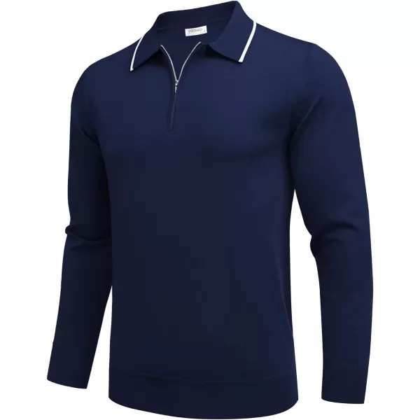 COOFANDY Men's Knit Polo Shirt Long Sleeve Quarter Zip Polo Sweater Casual Golf Shirts Vintage Striped Collar Polo