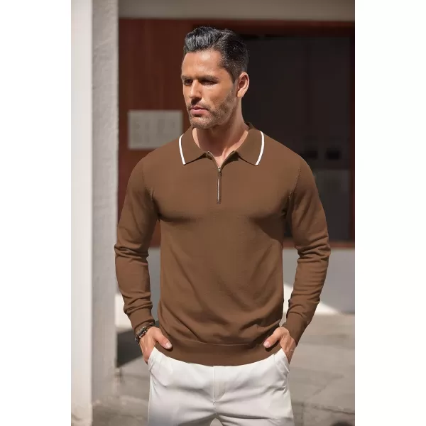 COOFANDY Men's Knit Polo Shirt Long Sleeve Quarter Zip Polo Sweater Casual Golf Shirts Vintage Striped Collar Polo