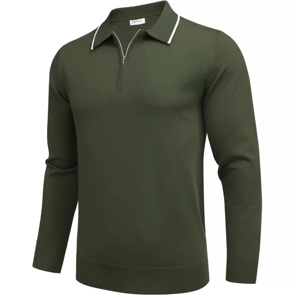 COOFANDY Men's Knit Polo Shirt Long Sleeve Quarter Zip Polo Sweater Casual Golf Shirts Vintage Striped Collar Polo