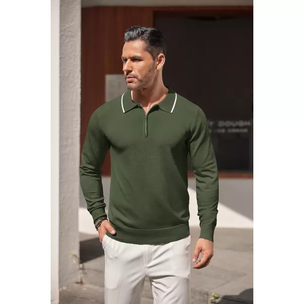 COOFANDY Men's Knit Polo Shirt Long Sleeve Quarter Zip Polo Sweater Casual Golf Shirts Vintage Striped Collar Polo