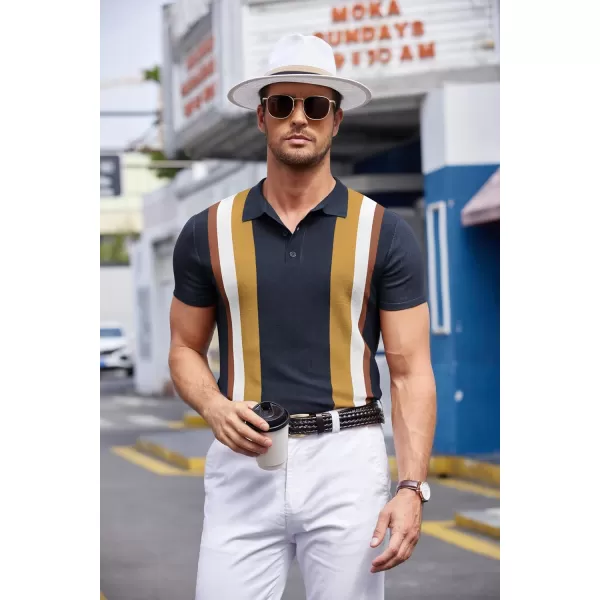 COOFANDY Men's Knit Polo Shirt Short Sleeve Vintage Striped Golf Shirt
