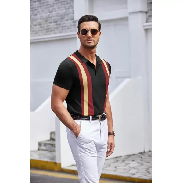COOFANDY Men's Knit Polo Shirt Short Sleeve Vintage Striped Golf Shirt
