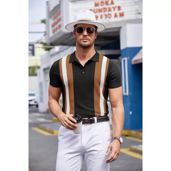 COOFANDY Men's Knit Polo Shirt Short Sleeve Vintage Striped Golf Shirt