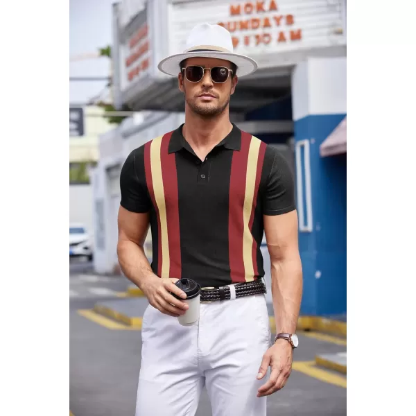 COOFANDY Men's Knit Polo Shirt Short Sleeve Vintage Striped Golf Shirt