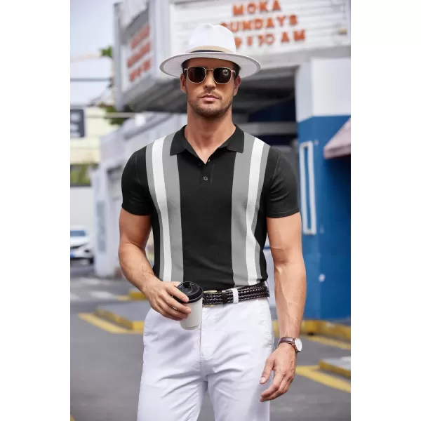 COOFANDY Men's Knit Polo Shirt Short Sleeve Vintage Striped Golf Shirt