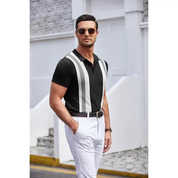 COOFANDY Men's Knit Polo Shirt Short Sleeve Vintage Striped Golf Shirt