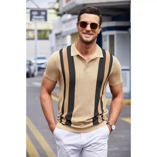 COOFANDY Men's Knit Polo Shirt Short Sleeve Vintage Striped Golf Shirt