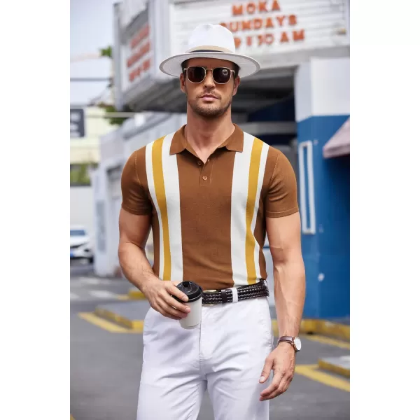 COOFANDY Men's Knit Polo Shirt Short Sleeve Vintage Striped Golf Shirt
