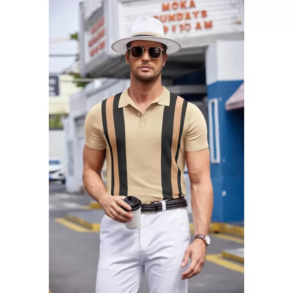 COOFANDY Men's Knit Polo Shirt Short Sleeve Vintage Striped Golf Shirt