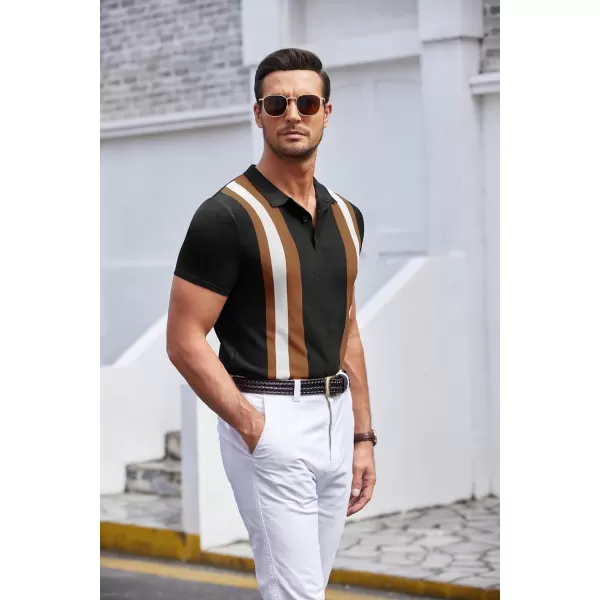COOFANDY Men's Knit Polo Shirt Short Sleeve Vintage Striped Golf Shirt