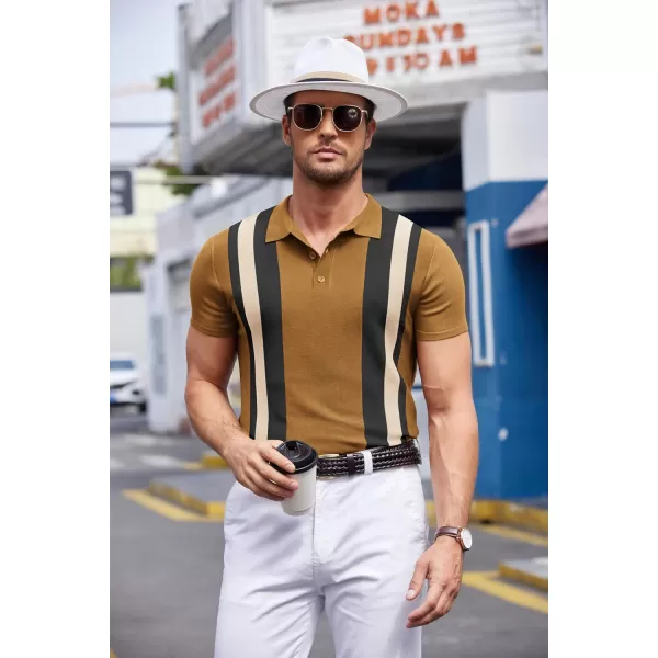 COOFANDY Men's Knit Polo Shirt Short Sleeve Vintage Striped Golf Shirt