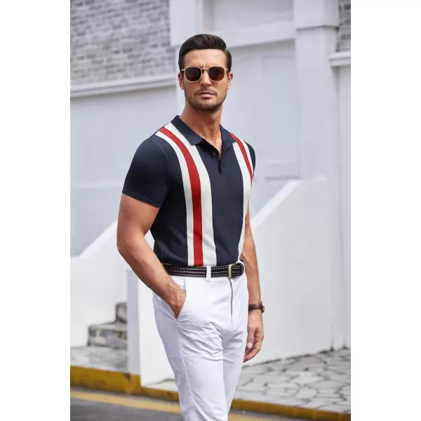 COOFANDY Men's Knit Polo Shirt Short Sleeve Vintage Striped Golf Shirt