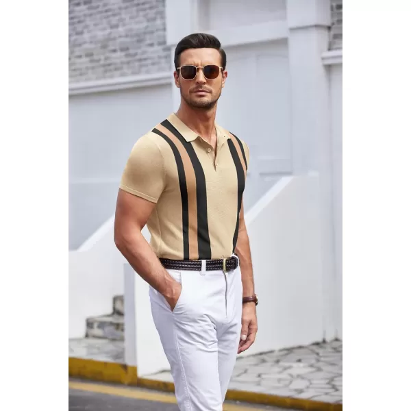 COOFANDY Men's Knit Polo Shirt Short Sleeve Vintage Striped Golf Shirt