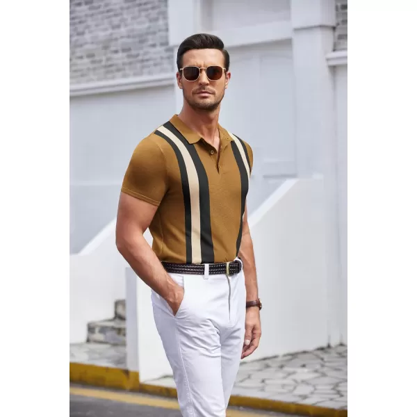 COOFANDY Men's Knit Polo Shirt Short Sleeve Vintage Striped Golf Shirt