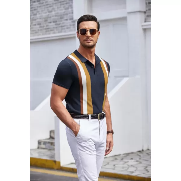 COOFANDY Men's Knit Polo Shirt Short Sleeve Vintage Striped Golf Shirt