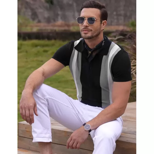 COOFANDY Men's Knit Polo Shirt Short Sleeve Vintage Striped Golf Shirt