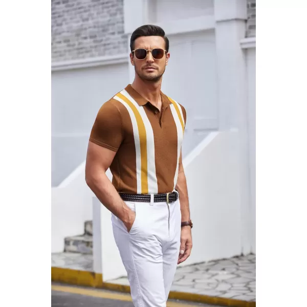 COOFANDY Men's Knit Polo Shirt Short Sleeve Vintage Striped Golf Shirt