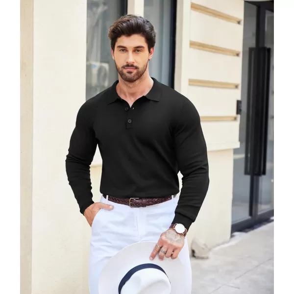 COOFANDY Mens Knit Polo Shirts Casual Long Sleeve Classic Polo Shirts Button Down Golf Shirts