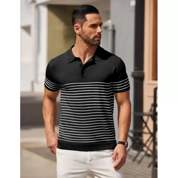 COOFANDY Men's Knit Polo Shirts Short Sleeve Striped Polo Shirt Fashion Casual Golf Shirts)