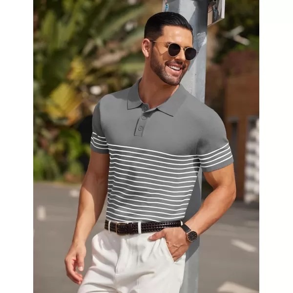COOFANDY Men's Knit Polo Shirts Short Sleeve Striped Polo Shirt Fashion Casual Golf Shirts)