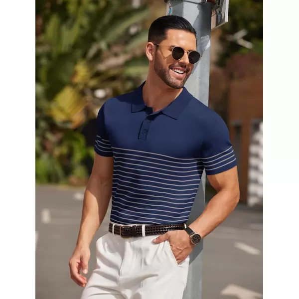 COOFANDY Men's Knit Polo Shirts Short Sleeve Striped Polo Shirt Fashion Casual Golf Shirts)