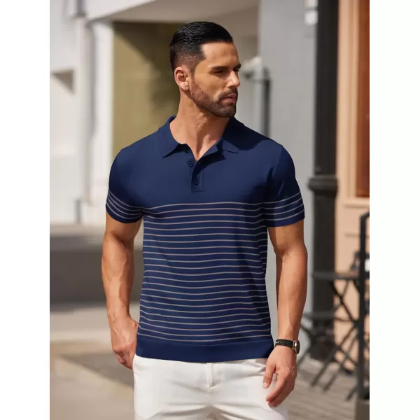 COOFANDY Men's Knit Polo Shirts Short Sleeve Striped Polo Shirt Fashion Casual Golf Shirts)