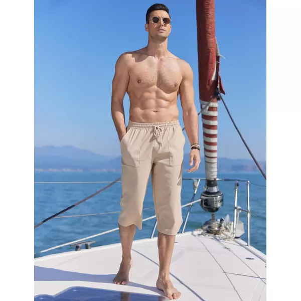 COOFANDY Men's Linen Capri Pants Casual Lightweight 3/4 Baggy Pants Drawstring Elastic Waist Beach Yoga Pants with Pockets