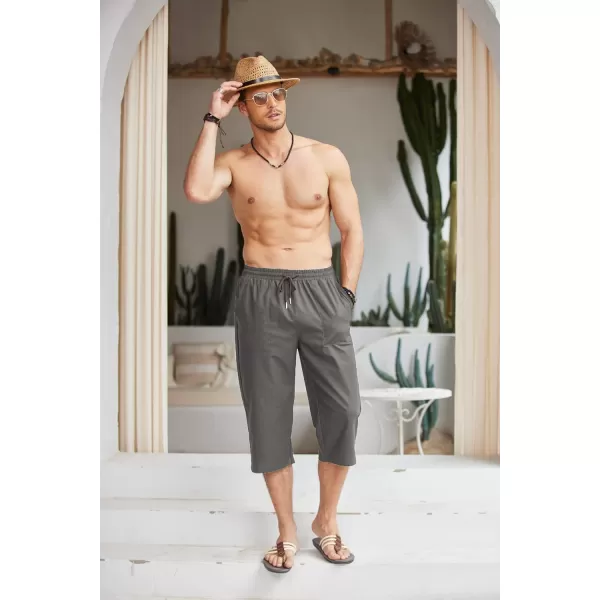 COOFANDY Men's Linen Capri Pants Casual Lightweight 3/4 Baggy Pants Drawstring Elastic Waist Beach Yoga Pants with Pockets