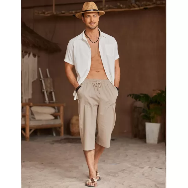 COOFANDY Men's Linen Capri Pants Casual Lightweight 3/4 Baggy Pants Drawstring Elastic Waist Beach Yoga Pants with Pockets