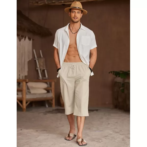 COOFANDY Men's Linen Capri Pants Casual Lightweight 3/4 Baggy Pants Drawstring Elastic Waist Beach Yoga Pants with Pockets