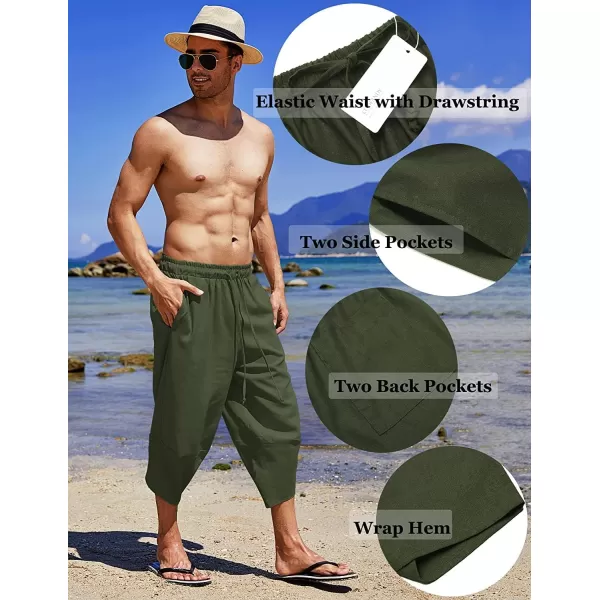 COOFANDY Men's Linen Harem Capri Pants Lightweight Loose 3/4 Shorts Drawstring Elastic Waist Casual Beach Yoga Trousers