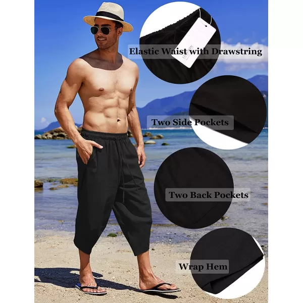 COOFANDY Men's Linen Harem Capri Pants Lightweight Loose 3/4 Shorts Drawstring Elastic Waist Casual Beach Yoga Trousers