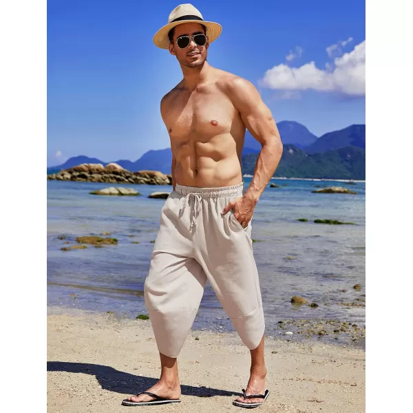 COOFANDY Men's Linen Harem Capri Pants Lightweight Loose 3/4 Shorts Drawstring Elastic Waist Casual Beach Yoga Trousers