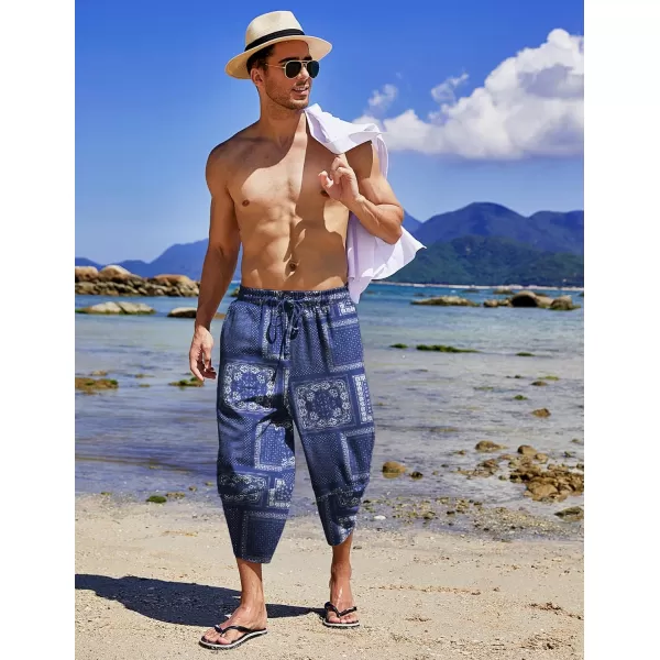 COOFANDY Men's Linen Harem Capri Pants Lightweight Loose 3/4 Shorts Drawstring Elastic Waist Casual Beach Yoga Trousers)