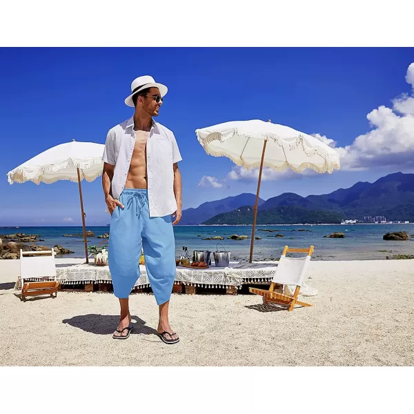 COOFANDY Men's Linen Harem Capri Pants Lightweight Loose 3/4 Shorts Drawstring Elastic Waist Casual Beach Yoga Trousers