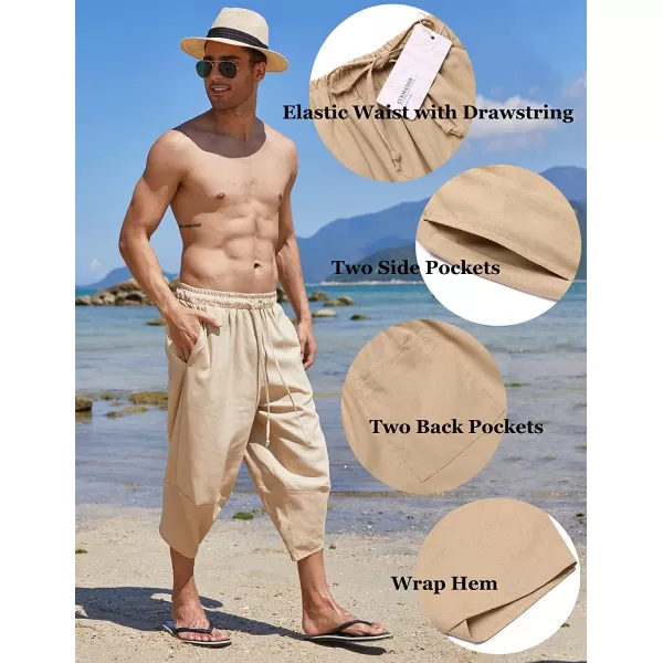 COOFANDY Men's Linen Harem Capri Pants Lightweight Loose 3/4 Shorts Drawstring Elastic Waist Casual Beach Yoga Trousers