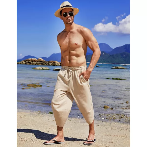 COOFANDY Men's Linen Harem Capri Pants Lightweight Loose 3/4 Shorts Drawstring Elastic Waist Casual Beach Yoga Trousers