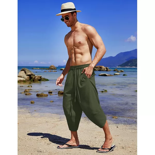 COOFANDY Men's Linen Harem Capri Pants Lightweight Loose 3/4 Shorts Drawstring Elastic Waist Casual Beach Yoga Trousers