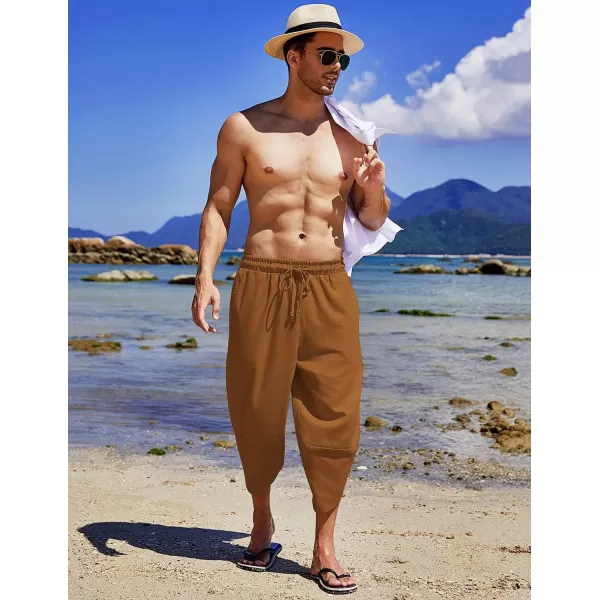 COOFANDY Men's Linen Harem Capri Pants Lightweight Loose 3/4 Shorts Drawstring Elastic Waist Casual Beach Yoga Trousers