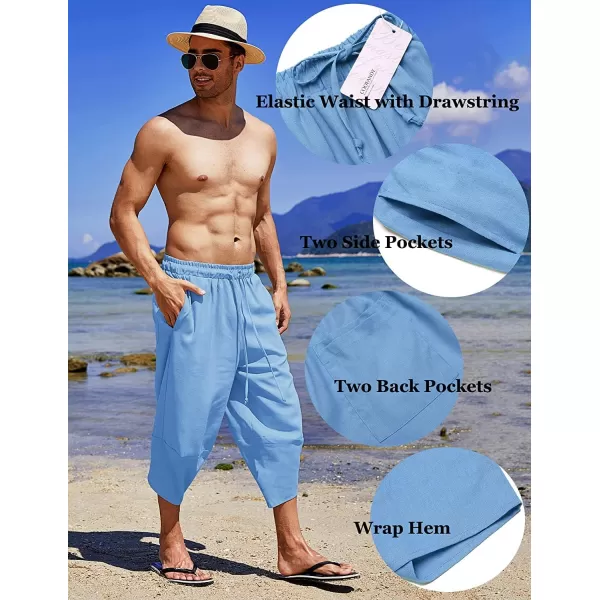 COOFANDY Men's Linen Harem Capri Pants Lightweight Loose 3/4 Shorts Drawstring Elastic Waist Casual Beach Yoga Trousers