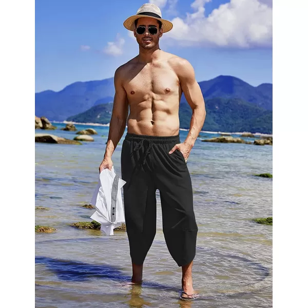 COOFANDY Men's Linen Harem Capri Pants Lightweight Loose 3/4 Shorts Drawstring Elastic Waist Casual Beach Yoga Trousers