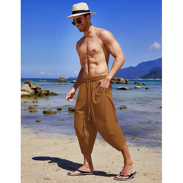 COOFANDY Men's Linen Harem Capri Pants Lightweight Loose 3/4 Shorts Drawstring Elastic Waist Casual Beach Yoga Trousers