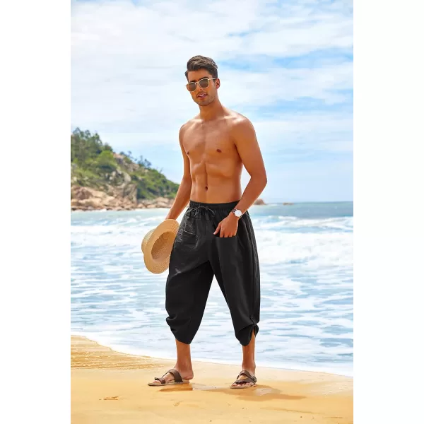 COOFANDY Men's Linen Harem Pants Casual Elastic Waist Capri Trousers Baggy Beach Yoga Pants with Pockets